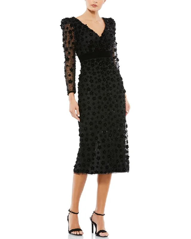 Trendy women’s clothing with a modern twist   Mac Duggal Embellished V-Neck Illusion Column Midi Dress