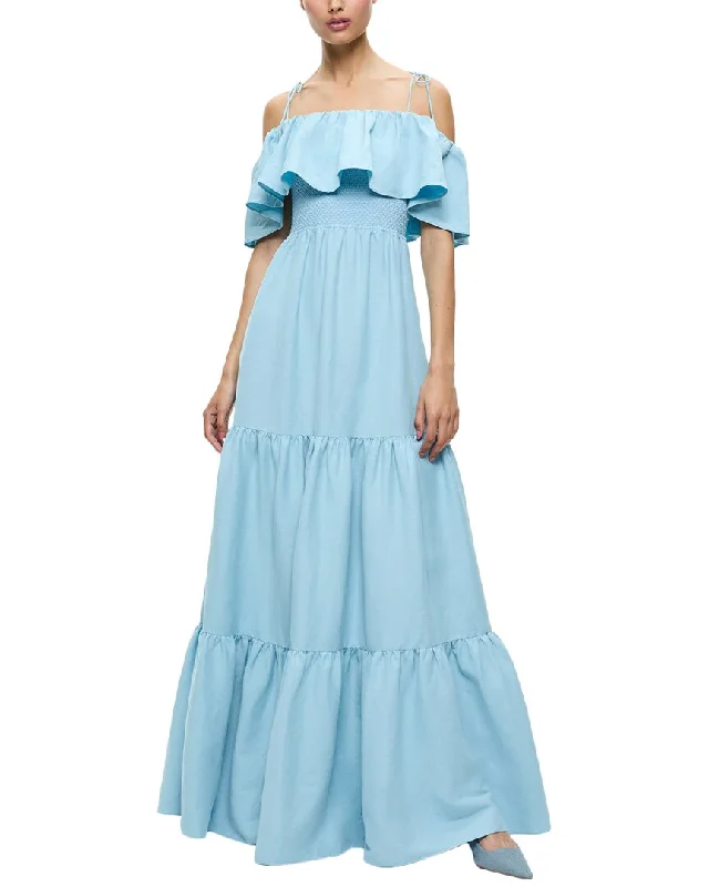 Uncover unique pieces for your perfect wardrobe   alice + olivia Kia Off Shoulder Tiered Linen-Blend Midi Dress