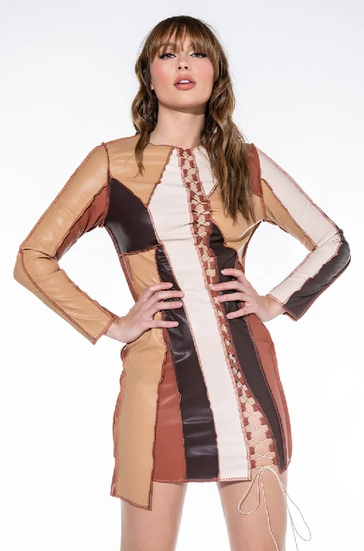 Designer-inspired women’s fashion at affordable prices   BETTER FOR IT FAUX LEATHER PATCHWORK MINI DRESS