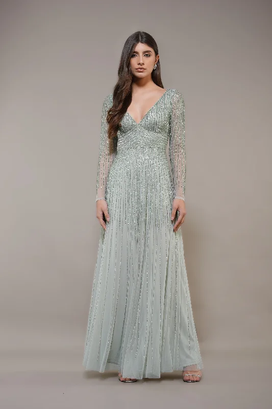 Bold, confident, and stylish women’s clothing   Laura Embellished Maxi Dress in Sage Green