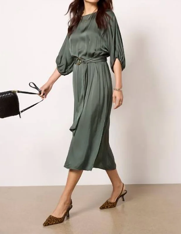 Elegant and comfortable women’s fashion wear   Laurel Puff Sleeve Midi Dress In Marsh