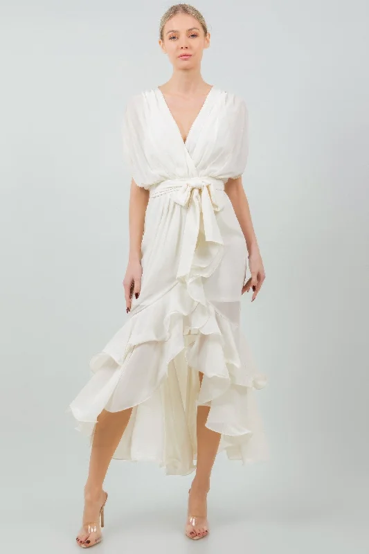Chic for every occasion and style   FASHNZFAB Women's Solid Tie Waist Ruffle Midi Dress