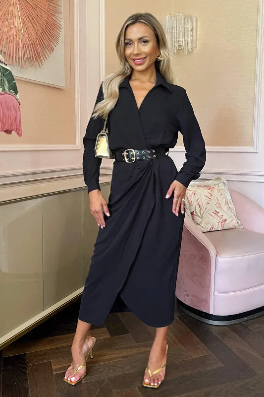 Timeless women’s fashion for any occasion   Black Belted Wrap Midi Shirt Dress