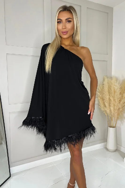 Feminine fashion to express your unique style Black One Shoulder Batwing Sleeve Faux Feather Hem Dress Feminine fashion to express your unique style Black One Shoulder Batwing Sleeve Faux Feather Hem Dress