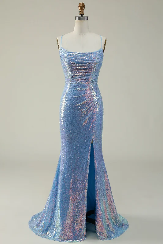 Chic for every occasion and style Blue Sequined Spaghetti Straps Mermaid Prom Dress Chic for every occasion and style Blue Sequined Spaghetti Straps Mermaid Prom Dress