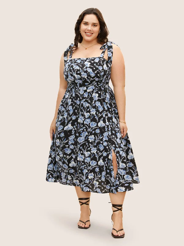 Trendy women’s clothing    Floral Print Tie Knot Shirred Dress