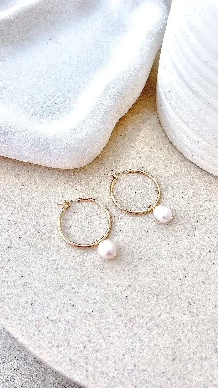 The ultimate destination for women’s clothing Freshwater Pearl Drop Midi Hoops - Gold The ultimate destination for women’s clothing Freshwater Pearl Drop Midi Hoops - Gold