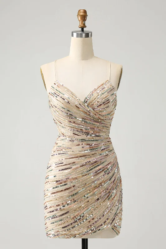 Affordable fashion that looks high-end   Glitter Champagne Spaghetti Straps Tight Short Homecoming Dress with Sequins