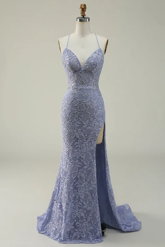 Casual outfits that elevate your style   Halter Mermaid Purple Lace Long Prom Dress