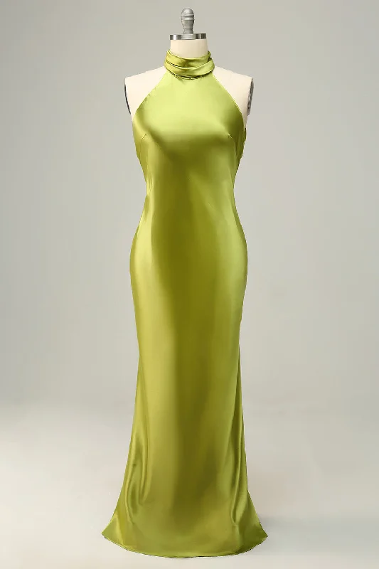 Affordable fashion that looks high-end Halter Open Back Lemon Green Long Bridesmaid Dress Affordable fashion that looks high-end Halter Open Back Lemon Green Long Bridesmaid Dress