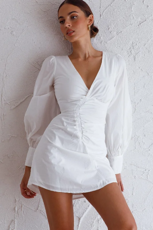 Elegant evening wear for special events Josie Long Sleeved Ruched Feature Mini Dress White Elegant evening wear for special events Josie Long Sleeved Ruched Feature Mini Dress White