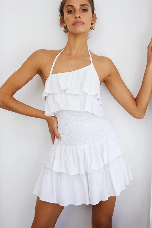 Chic, modern looks for the stylish woman   Kristy Halterneck Shirred Bodice Ruffle Mini Dress White