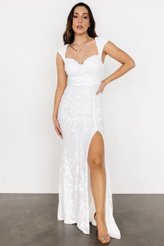 Feminine silhouettes for the modern woman   Kylene Sequin Maxi Gown | White