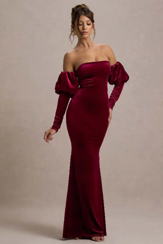 Feminine and fashionable clothing for every wardrobe   Neoma | Berry Velvet Bardot Puff-Sleeve Maxi Dress