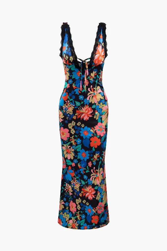 Statement pieces for the confident woman   Floral Print Lace Trim V-neck Maxi Dress