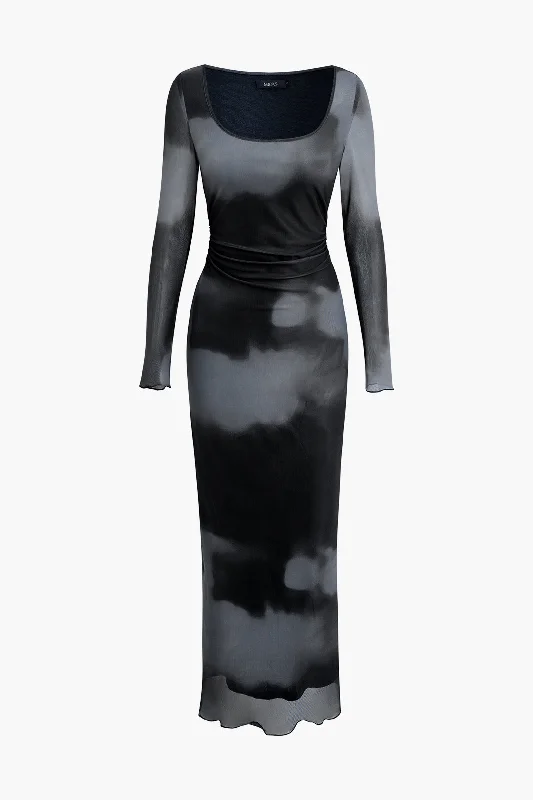 A perfect wardrobe for fashionable women Tie Dye U Neck Mesh Ruched Long Sleeve Maxi Dress A perfect wardrobe for fashionable women Tie Dye U Neck Mesh Ruched Long Sleeve Maxi Dress