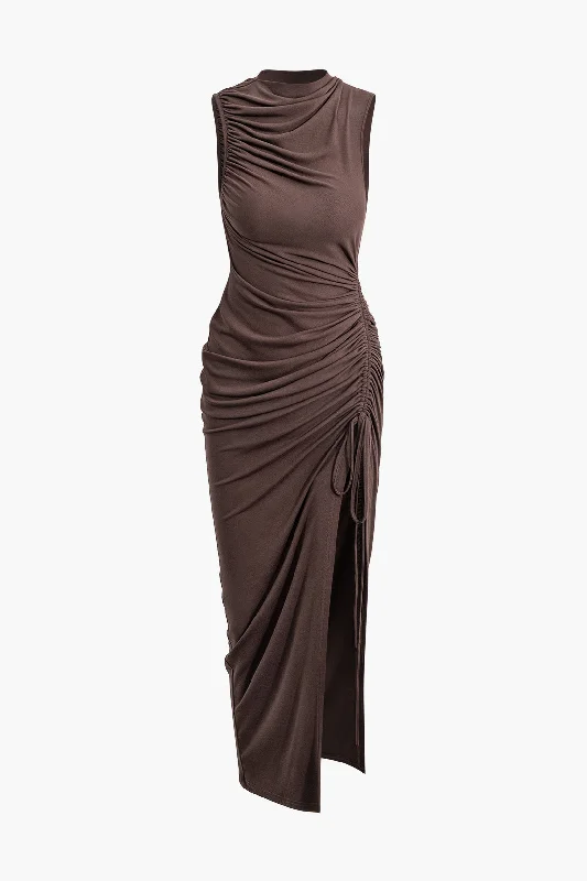 Casual outfits that elevate your style   Asymmetric Ruched Drawstring Slit Sleeveless Maxi Dress