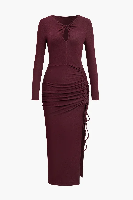 Get noticed with eye-catching women’s fashion   Ruched Keyhole Front Long Sleeve Maxi Dress