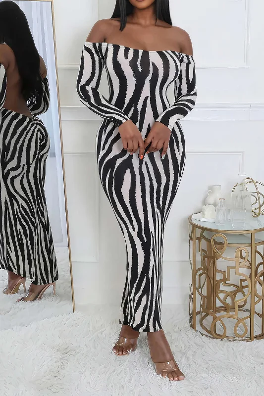 Versatile fashion for every type of woman Zebra Stripe Print Off Shoulder Maxi Dress Versatile fashion for every type of woman Zebra Stripe Print Off Shoulder Maxi Dress