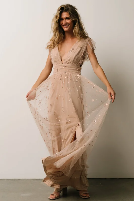 Dress up or down with these versatile pieces Nova Shimmer Maxi Dress | Natural + Blush Dress up or down with these versatile pieces Nova Shimmer Maxi Dress | Natural + Blush