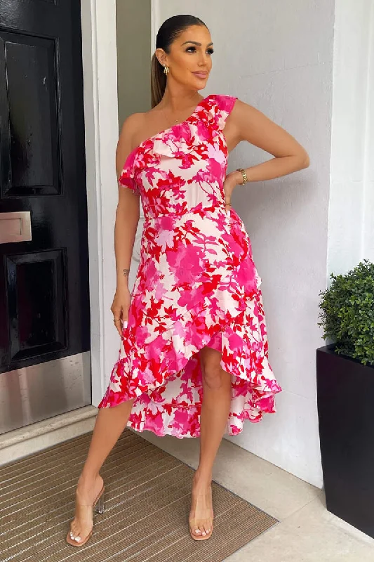 The ultimate destination for women’s clothing   Pink Floral One Shoulder Frill Detail Dipped Hem Dress