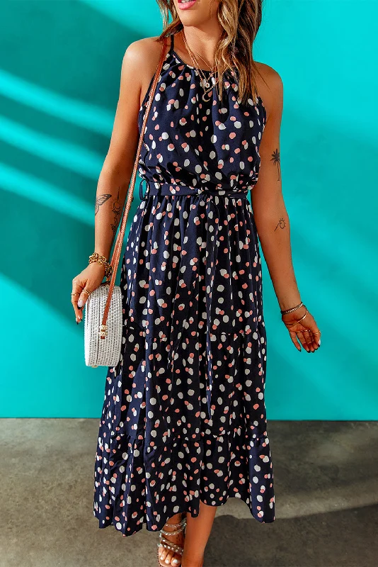 A perfect wardrobe for fashionable women Polka Dot Belted Sleeveless Tiered Maxi Dress A perfect wardrobe for fashionable women Polka Dot Belted Sleeveless Tiered Maxi Dress