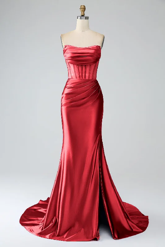 Classic pieces for a timeless wardrobe   Red Mermaid Strapless Pleated Corset Long Prom Dress with Slit
