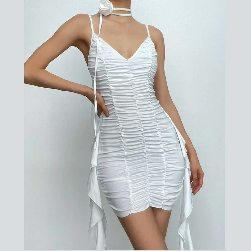 Statement pieces for the confident woman   BerryBetty - Ruched solid v neck ruffle flower applique cami mini dress