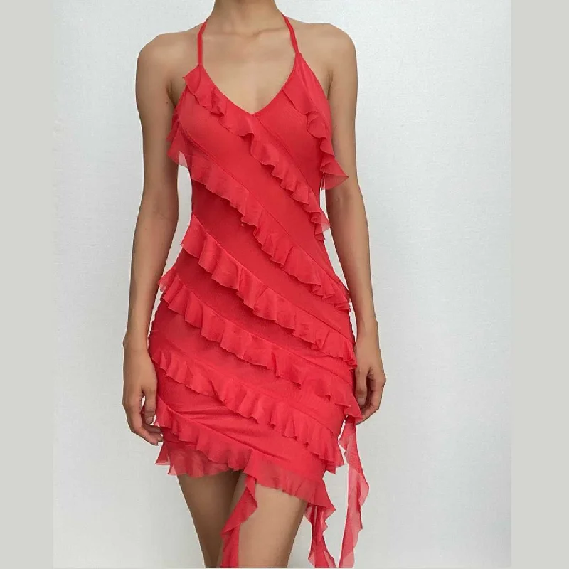 Affordable stylish women’s fashion collection   BerryBetty - Ruffle irregular halter ribbon backless mini dress