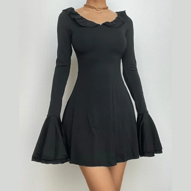 Feminine fashion to express your unique style BerryBetty - Ruffle long flared sleeve round neck solid mini dress Feminine fashion to express your unique style BerryBetty - Ruffle long flared sleeve round neck solid mini dress