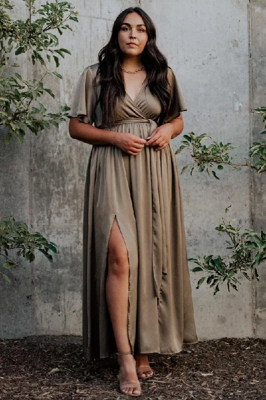 Casual yet chic women’s outfits for work or play   Sicily Satin Maxi Dress | Olive
