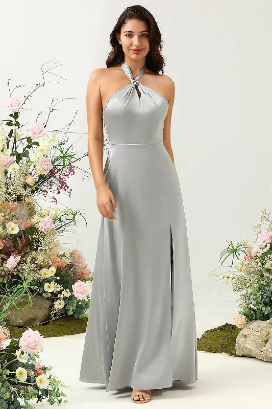 Trendy women’s clothing with a modern twist   Simple Grey Halter Long Bridesmaid Dress with Slit