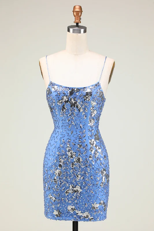 Find your perfect fit with stylish women’s clothing   Sparkly Sheath Spaghetti Straps Grey Blue Sequins Short Homecoming Dress with Criss Cross Back