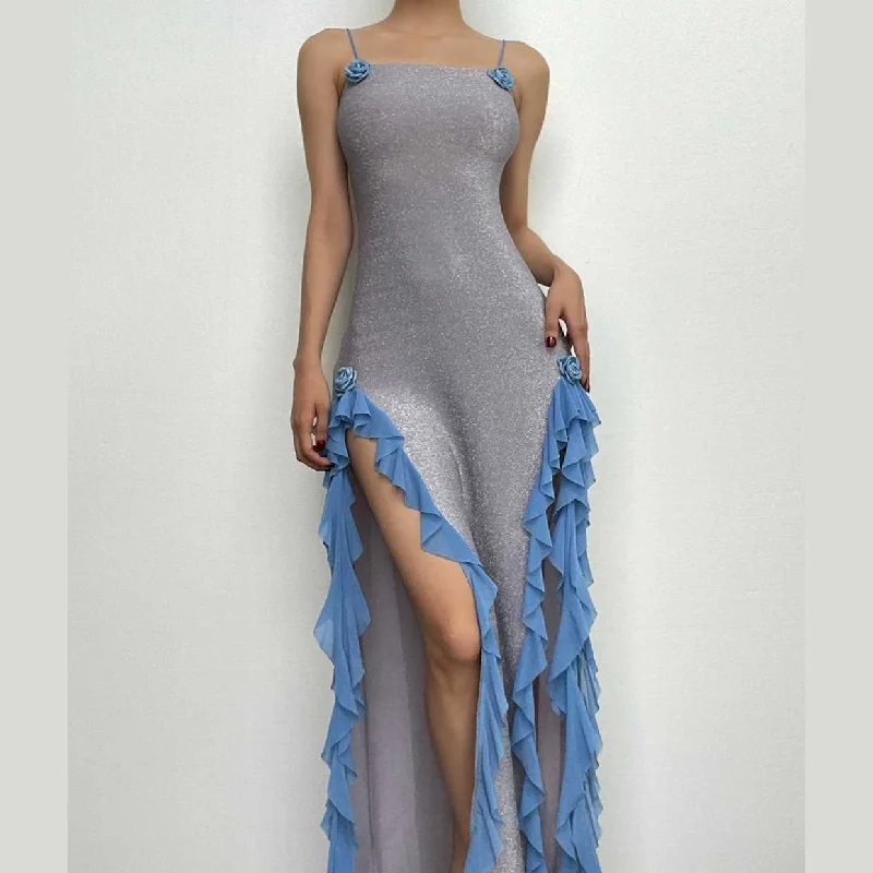 Refresh your wardrobe with high-quality women’s fashion   BerryBetty - Textured ruffle slit contrast flower applique maxi dress