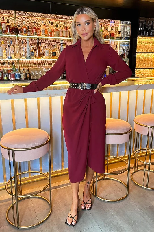 Sleek and sophisticated fashion for modern women Wine Belted Wrap Midi Shirt Dress Sleek and sophisticated fashion for modern women Wine Belted Wrap Midi Shirt Dress