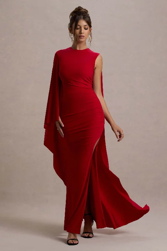 Effortlessly chic outfits for the modern woman Yuna | Red Draped Maxi Dress With Cape Effortlessly chic outfits for the modern woman Yuna | Red Draped Maxi Dress With Cape
