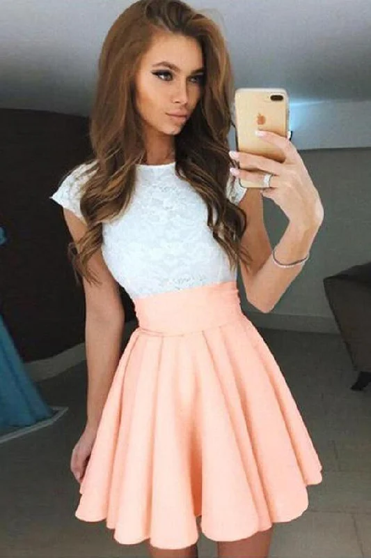 Sporty-chic women’s apparel for active lifestyles   A-line Cap Sleeves Short Pearl Pink Chiffon Homecoming Dress with Lace PD092