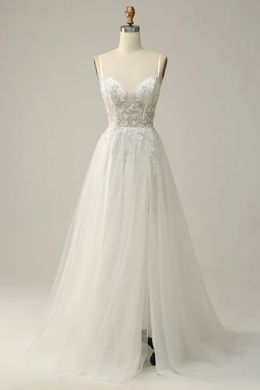 Effortlessly chic outfits for the modern woman   A Line Spaghetti Straps White Long Bridal Dress with Appliques