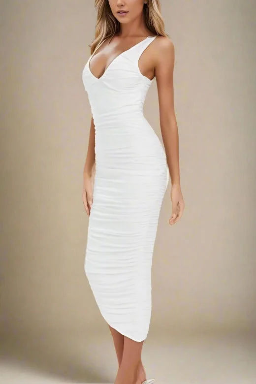 Chic and comfortable clothing for busy women   Adele Bodycon Wrap Midi Dress - Pearl White