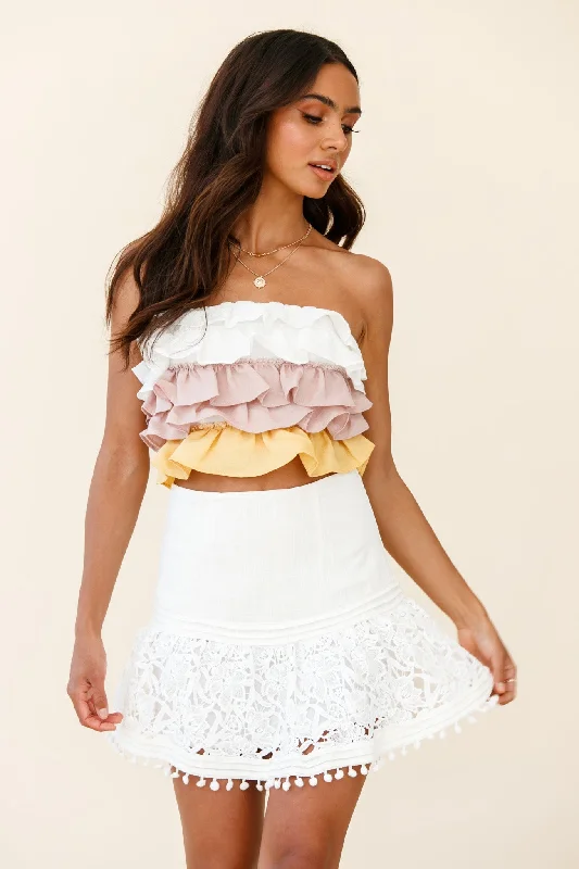 Trendsetting women’s clothing for fashion lovers   Adrielle Lace Detail Fluted Hem Mini Skirt White