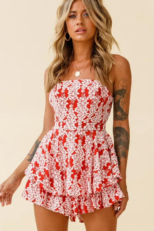 Look and feel your best in our women’s wear   Alexandria Square Neckline Tie Back Romper Floral Print Red