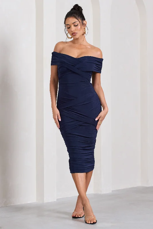 Curated collections for modern, fashionable women   Amanda | Navy Twisted Wrap Bardot Midi Dress
