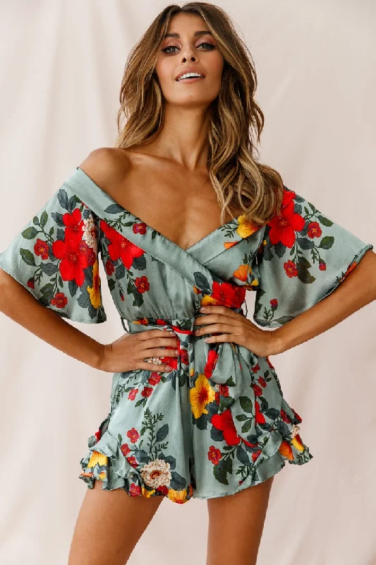 Classic pieces for a timeless wardrobe   Ambrosia Off-Shoulder Floral Romper Sage