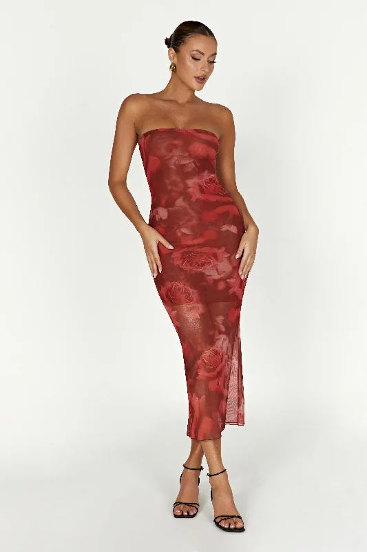 Chic and comfortable clothing for busy women   Aphrodite Strapless Mesh Dress - Oversized Rose Print