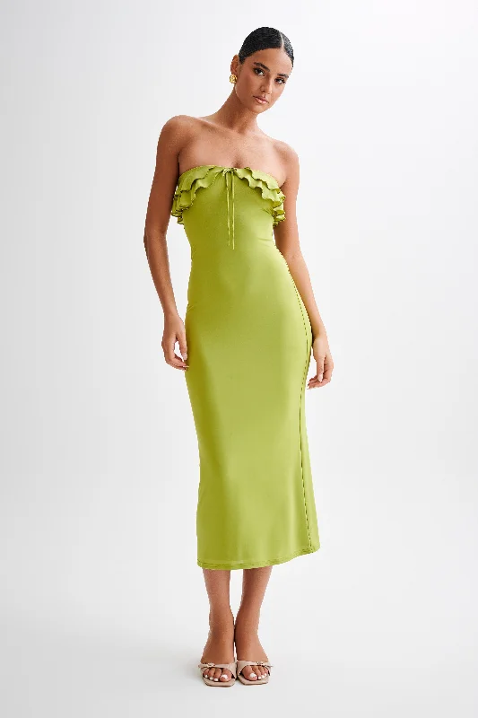 Casual yet chic women’s outfits for work or play   Bea Strapless Slinky Ruffle Midi Dress - Apple