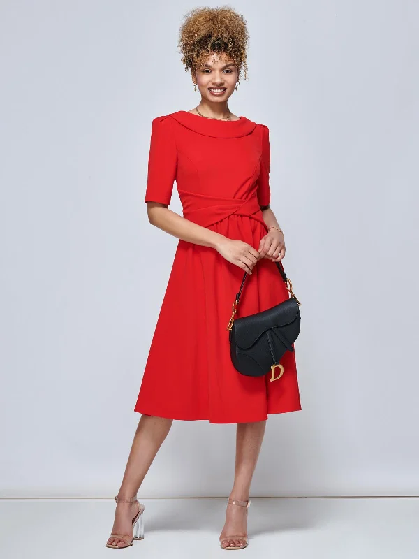 Comfortable yet fashionable women’s wear   Beckie Fold Over Detail Flared Dress, Red