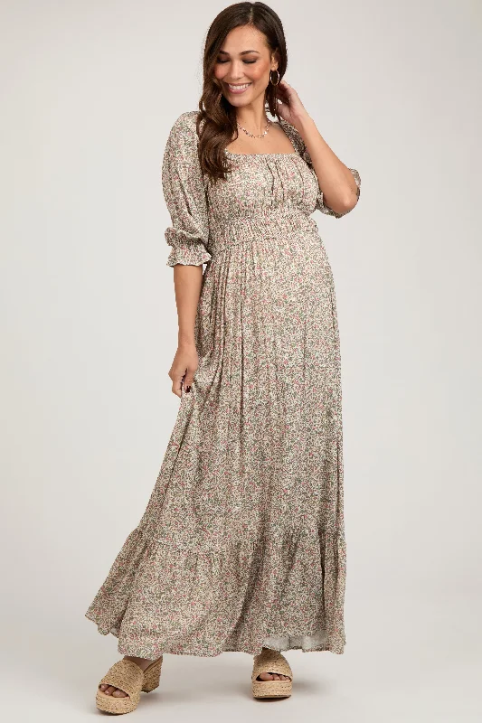 Feminine and fashionable clothing for every wardrobe Beige Floral Criss Cross Back Maternity Maxi Dress Feminine and fashionable clothing for every wardrobe Beige Floral Criss Cross Back Maternity Maxi Dress