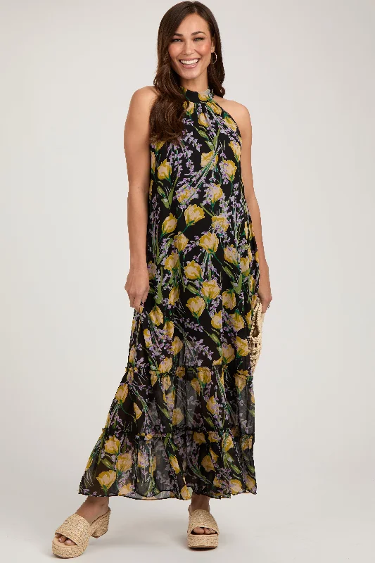 Classic pieces for a timeless wardrobe   Black Floral Halter Maternity Maxi Dress