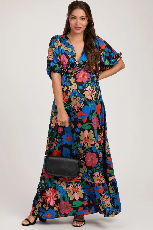 Casual outfits that elevate your style   Black Floral Satin Deep V-Neck Puff Sleeve Maternity Maxi Dress