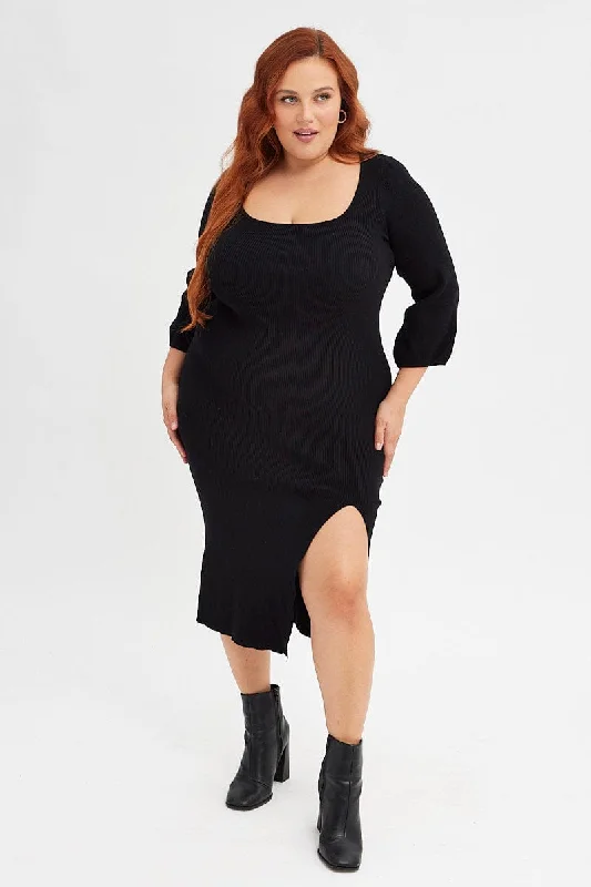 Confidence-boosting clothing for women   Black Midi Dress Long Balloon Sleeve Sexy Split Knit